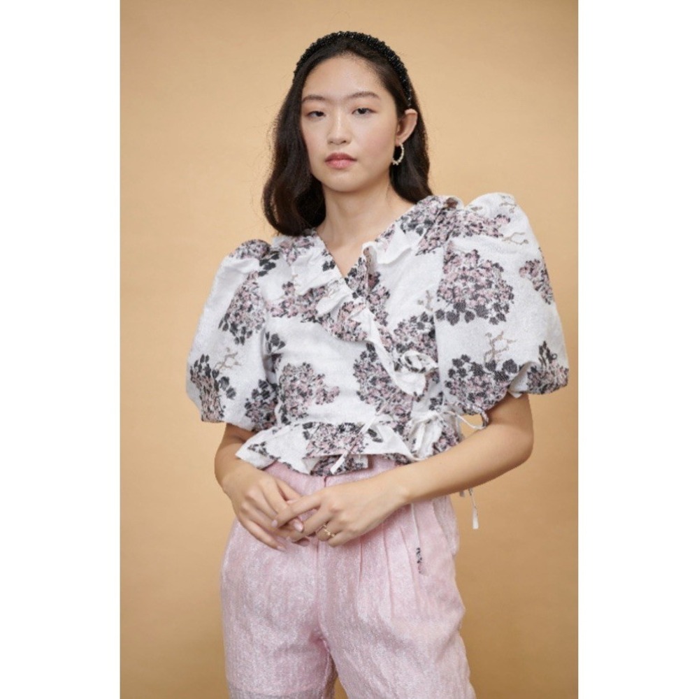 Sister Jane Celandine Jacquard Wrap Top Puff Sleeve Medium